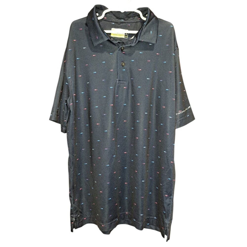 Nicklaus Boys Preppy Eco Choice Golf Polo Shirt| Large Navy Blue Mini Fish Print